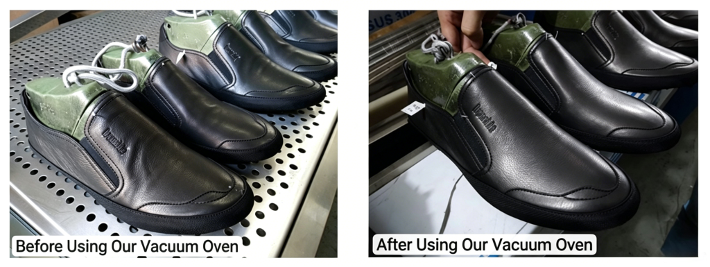 133A vacuum heat setting machine before after treatment - shoe upper with wrinkles and creases