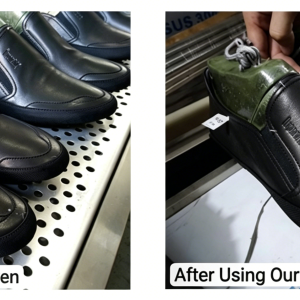 133A vacuum heat setting machine before after treatment - shoe upper with wrinkles and creases