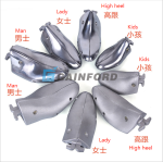 Different sizes of interchangeable aluminum shoe lasts for men, women, and high heels footwear stretching.